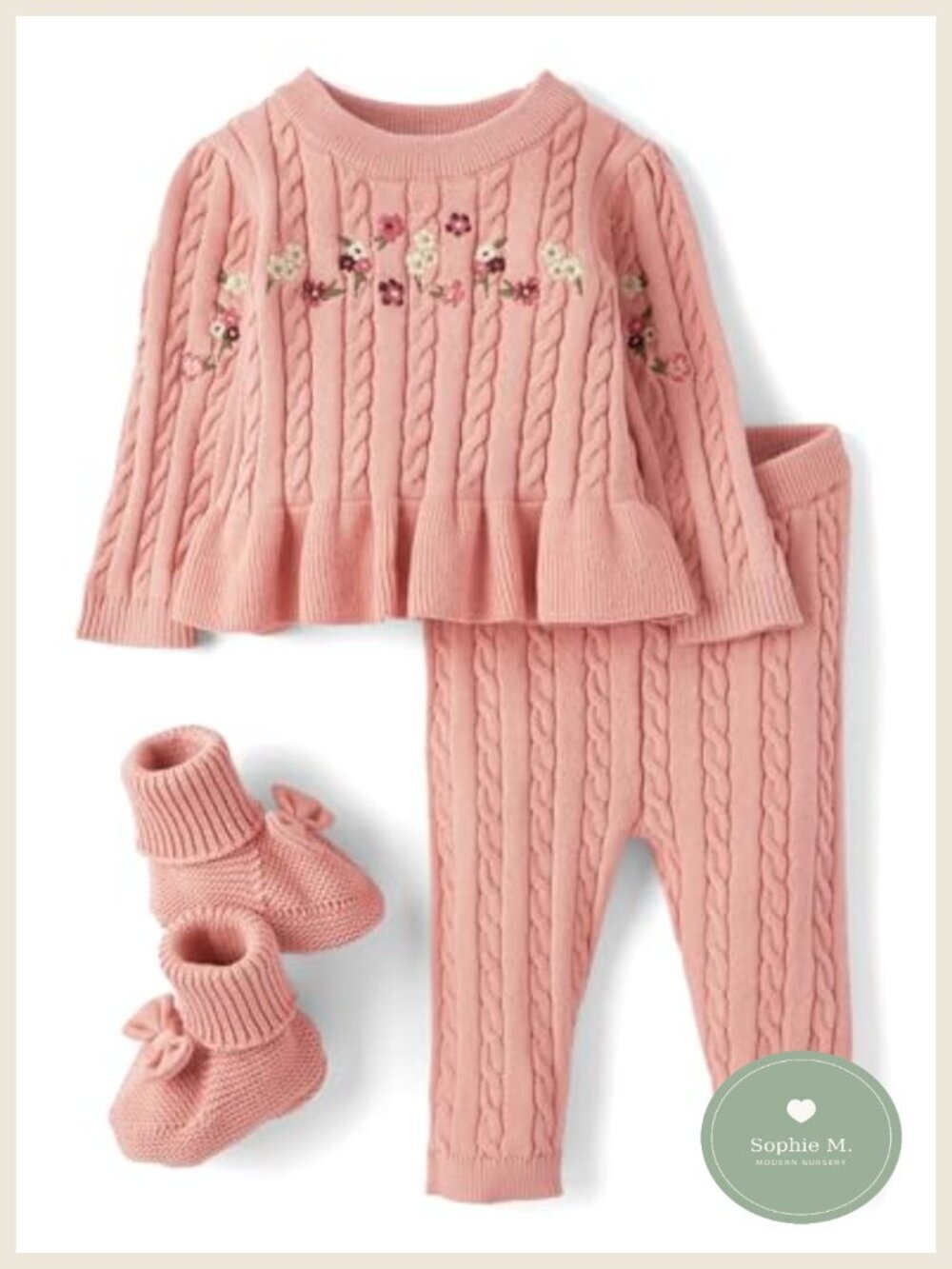 3-Piece Organic Cotton Baby Girl Sweater Pants Booties Set Long Sleeve